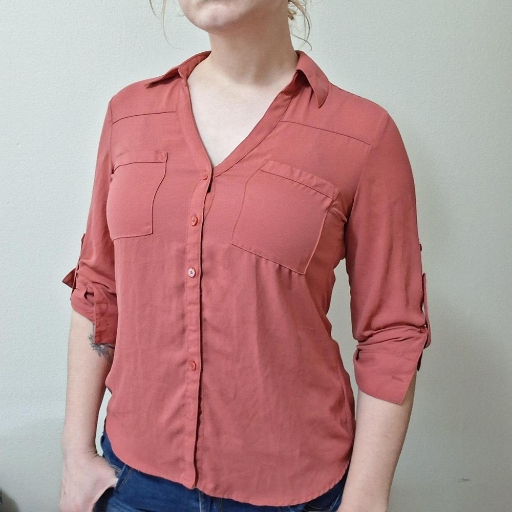 Express The Portofino Shirt Terracotta Rose Coral Pink Roll Tab Sleeve Blouse S